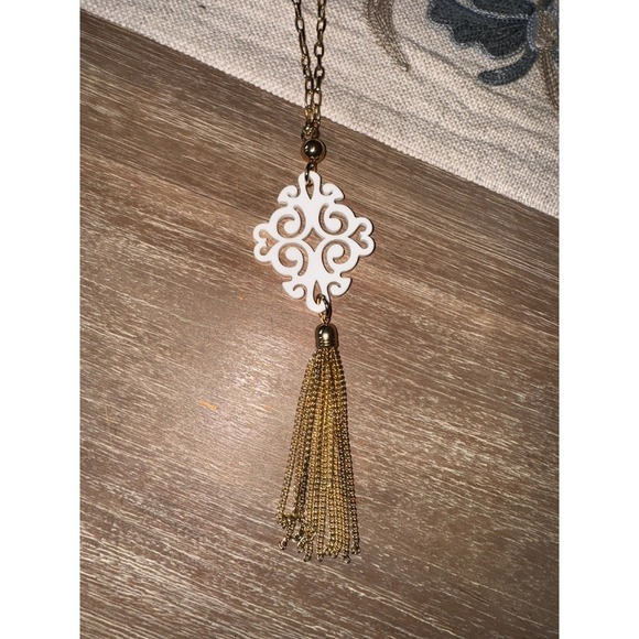Gold Tone Chain Necklace with Filigree Pendant and Tassel Statement Piece - Picture 2 of 4